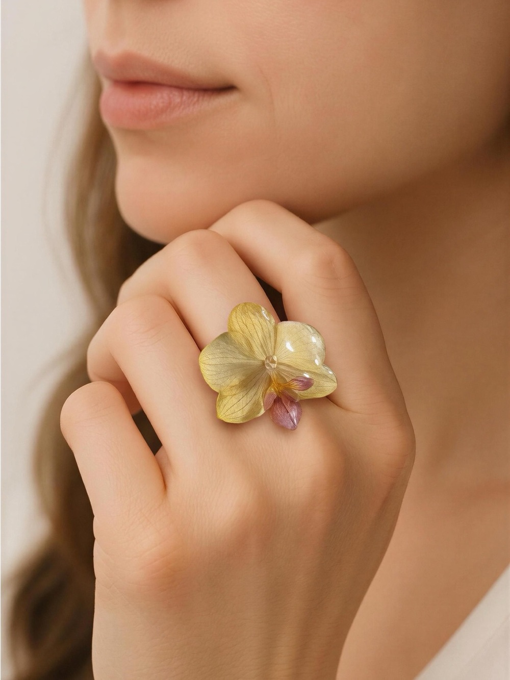 Delicate Yellow Orchid Flower Ring - Women Jewelry